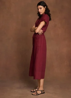 Burgundy Linen Midi Shirt Dress