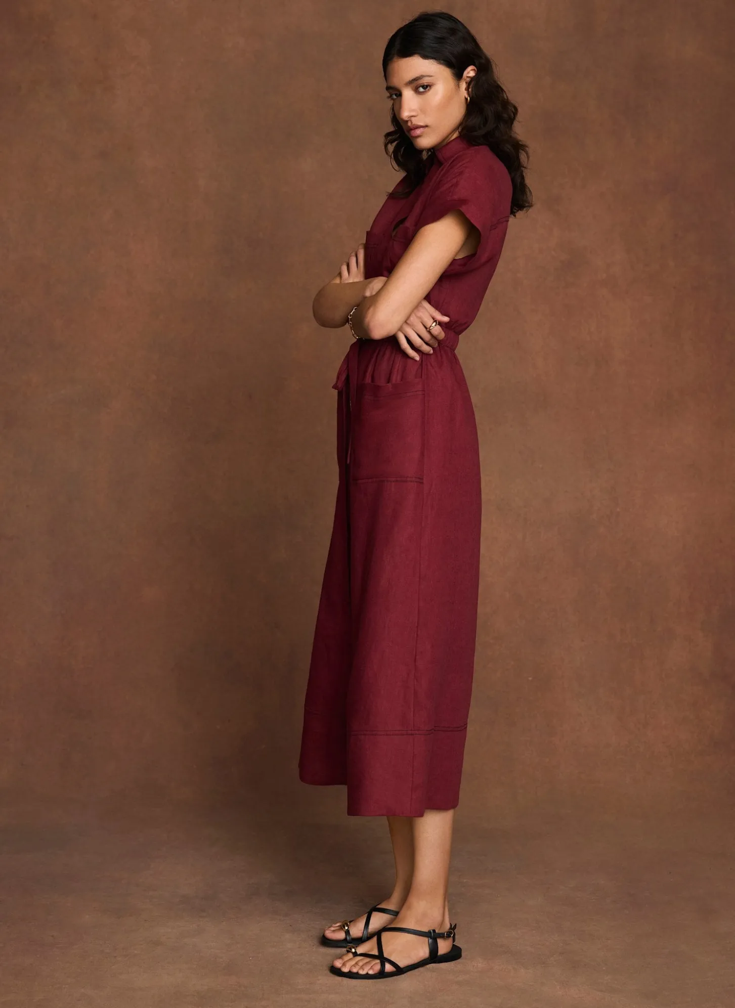 Burgundy Linen Midi Shirt Dress
