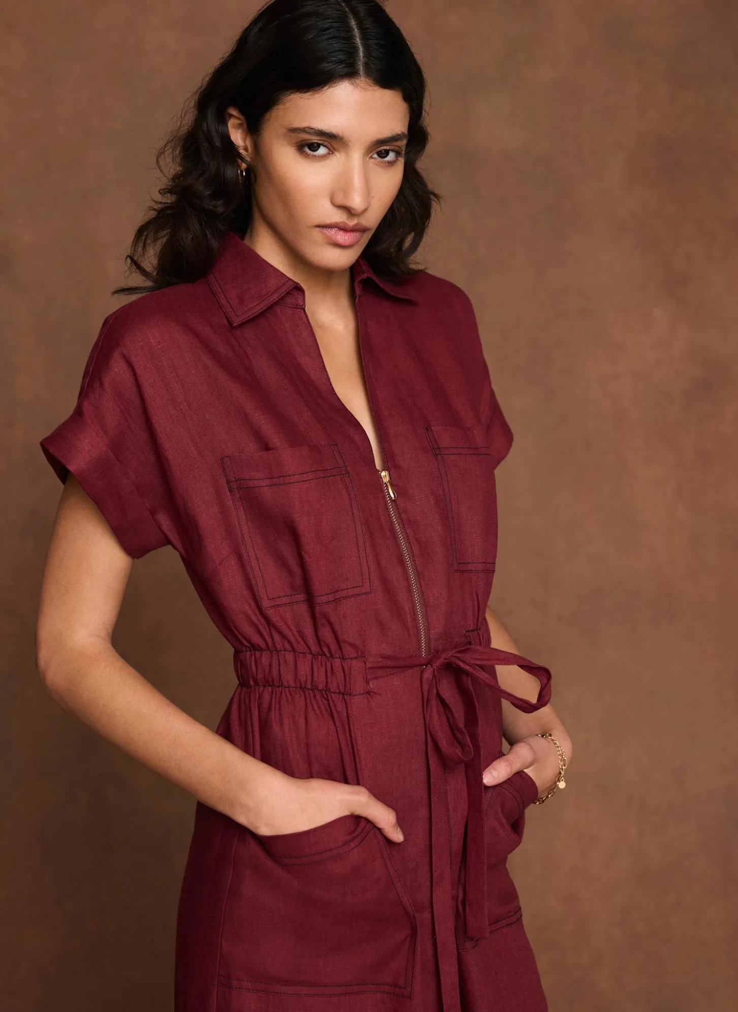 Burgundy Linen Midi Shirt Dress