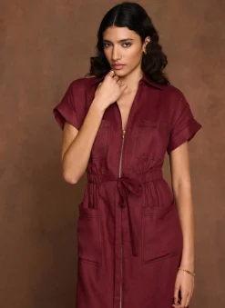 Burgundy Linen Midi Shirt Dress