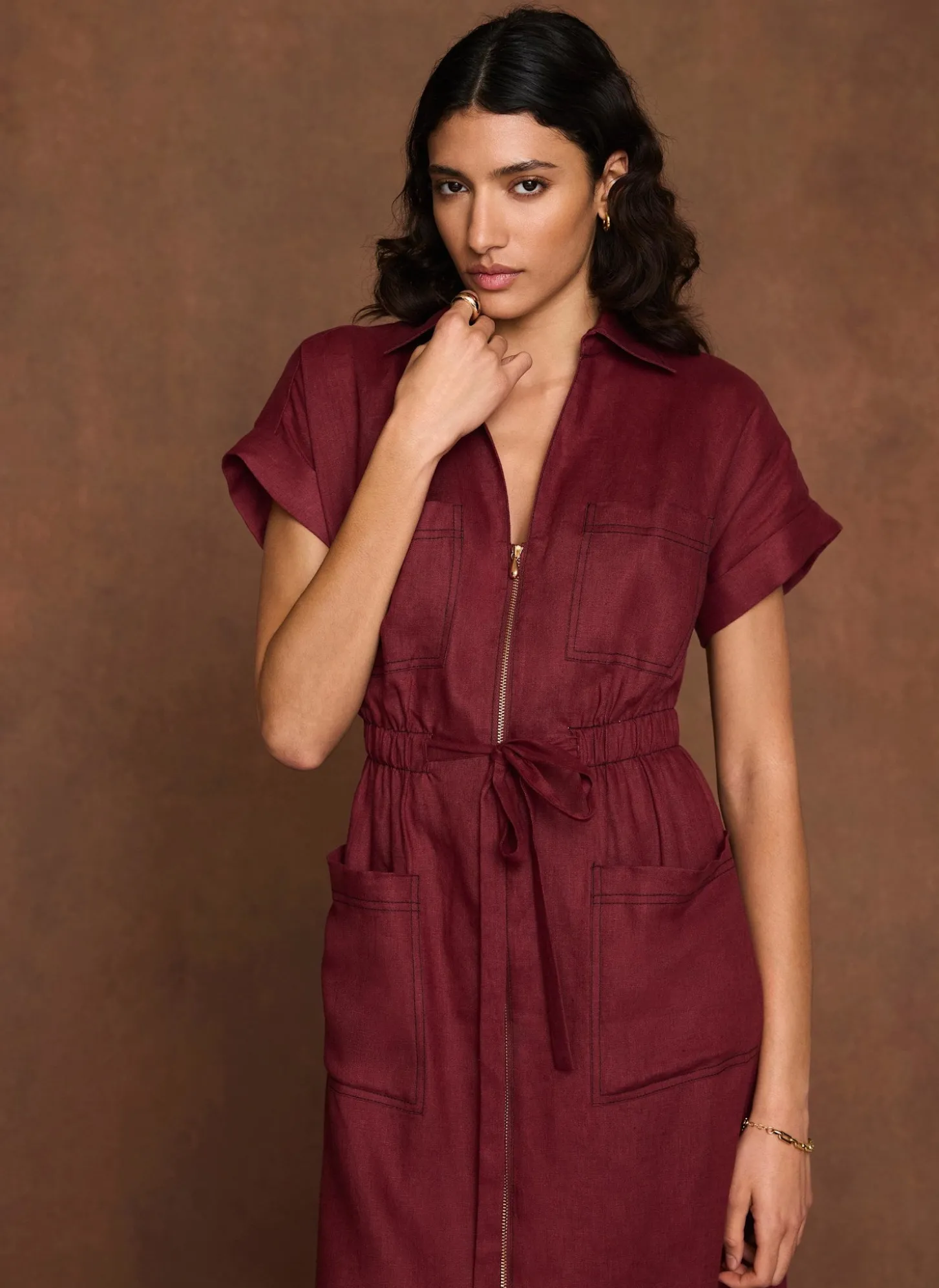 Burgundy Linen Midi Shirt Dress