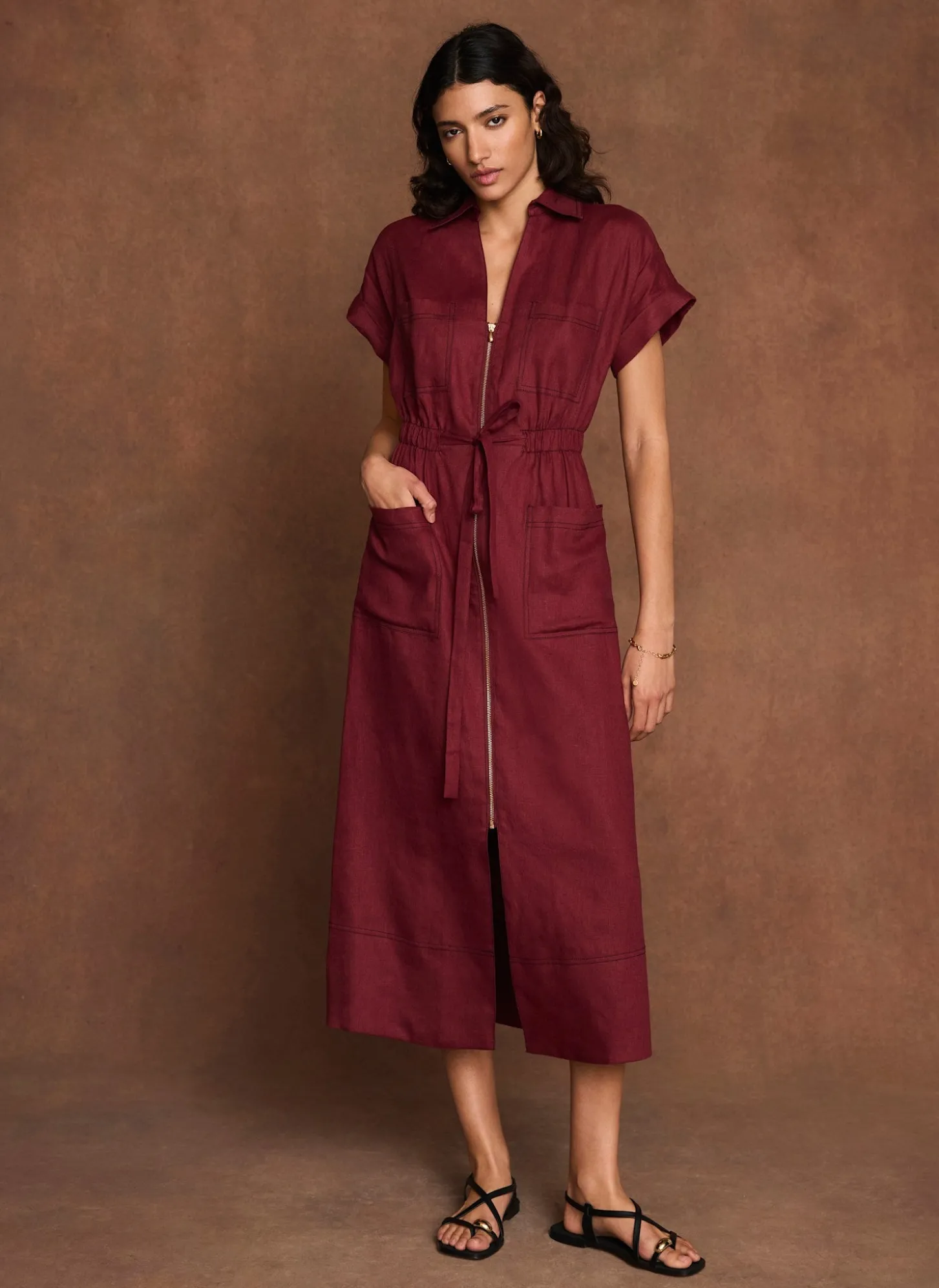 Burgundy Linen Midi Shirt Dress