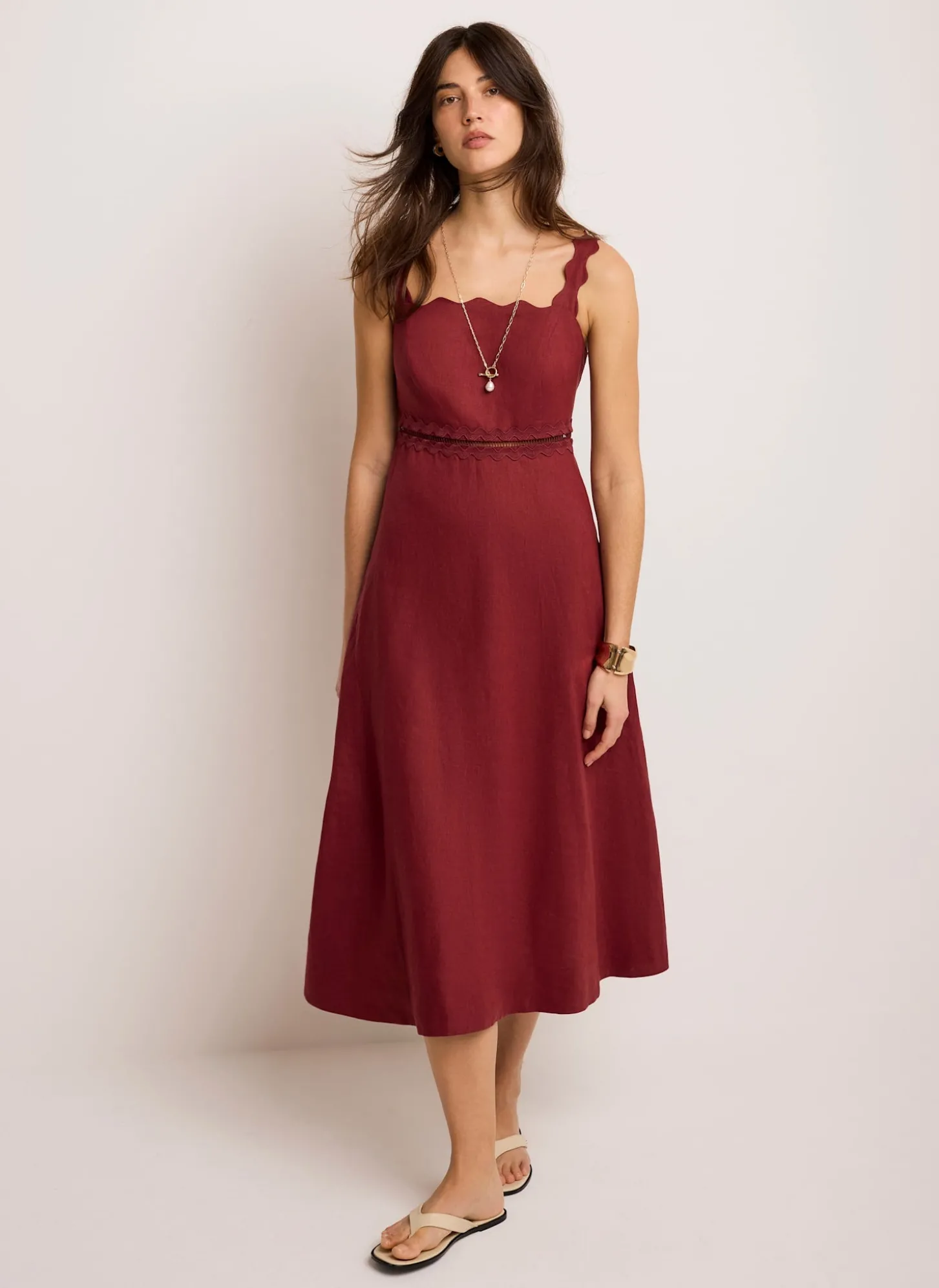 Burgundy Linen Scallop Trim Midi Dress