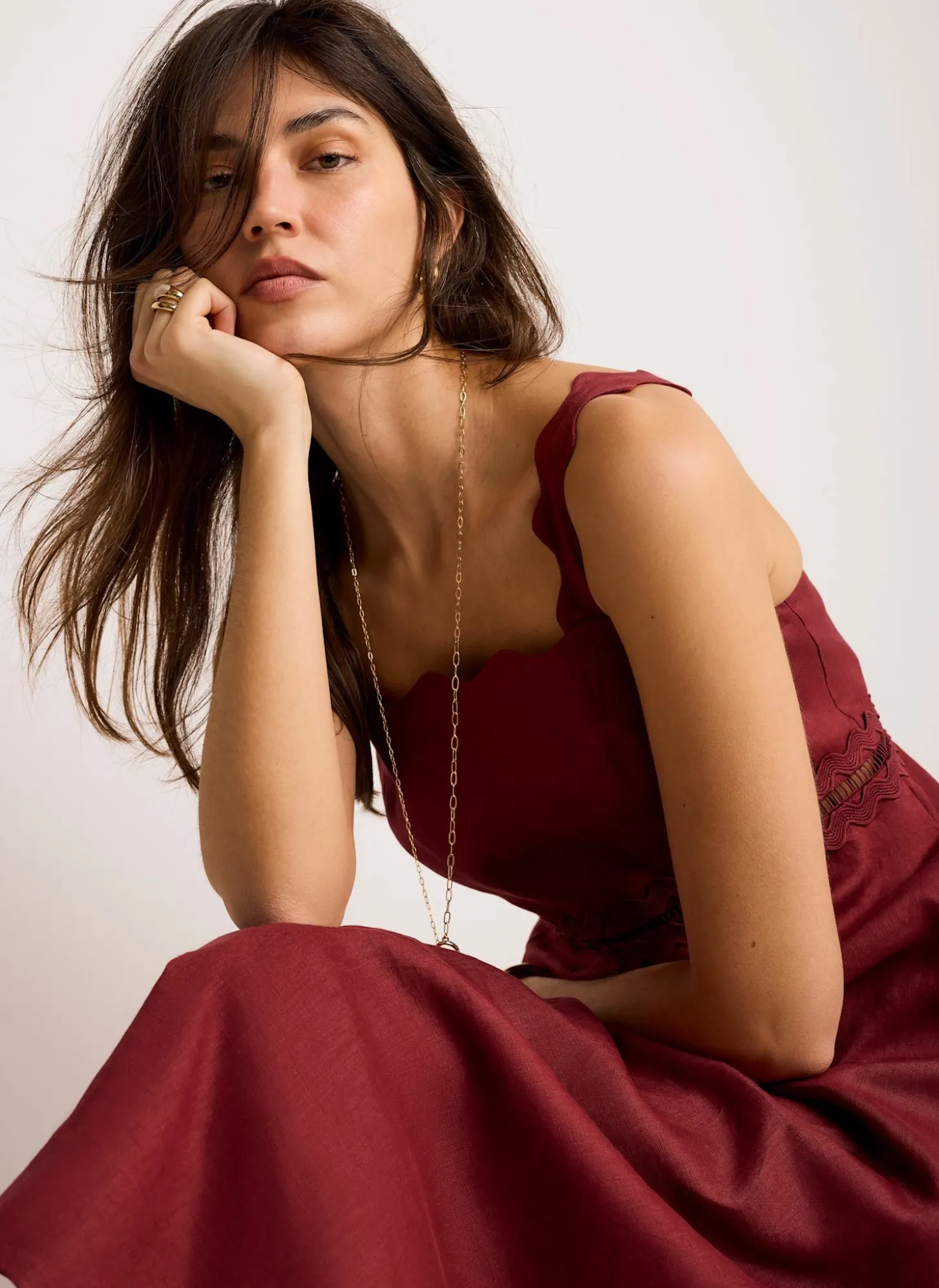 Burgundy Linen Scallop Trim Midi Dress