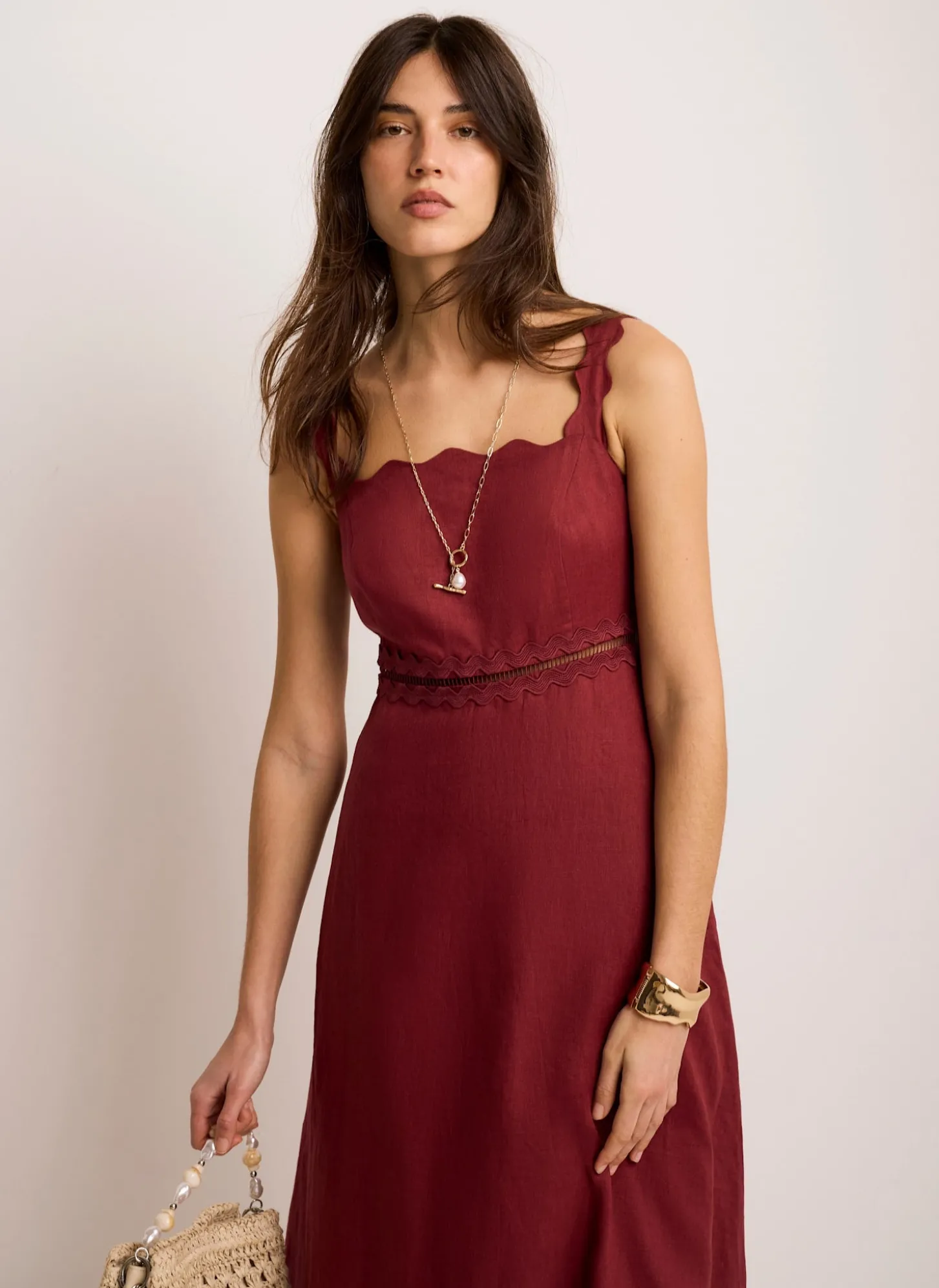 Burgundy Linen Scallop Trim Midi Dress
