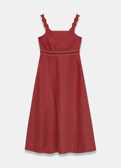 Burgundy Linen Scallop Trim Midi Dress