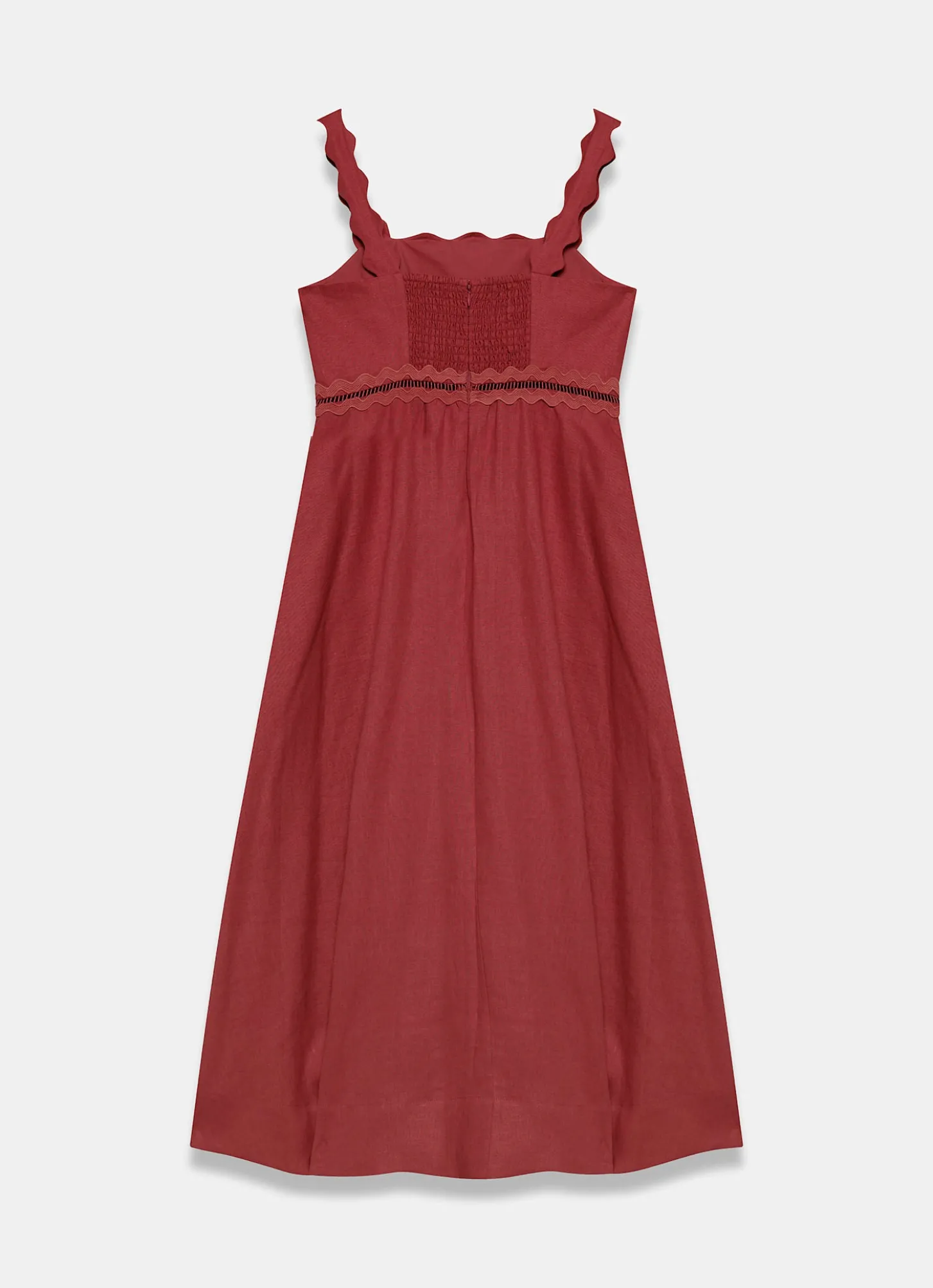 Burgundy Linen Scallop Trim Midi Dress