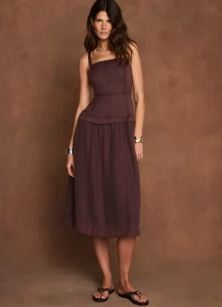 Burgundy Ramie Drop Waist Midi Dress