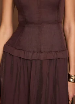 Burgundy Ramie Drop Waist Midi Dress