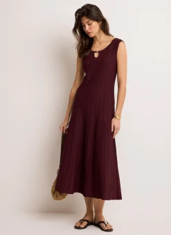 Burgundy Ribbed Beaded Midi Dress