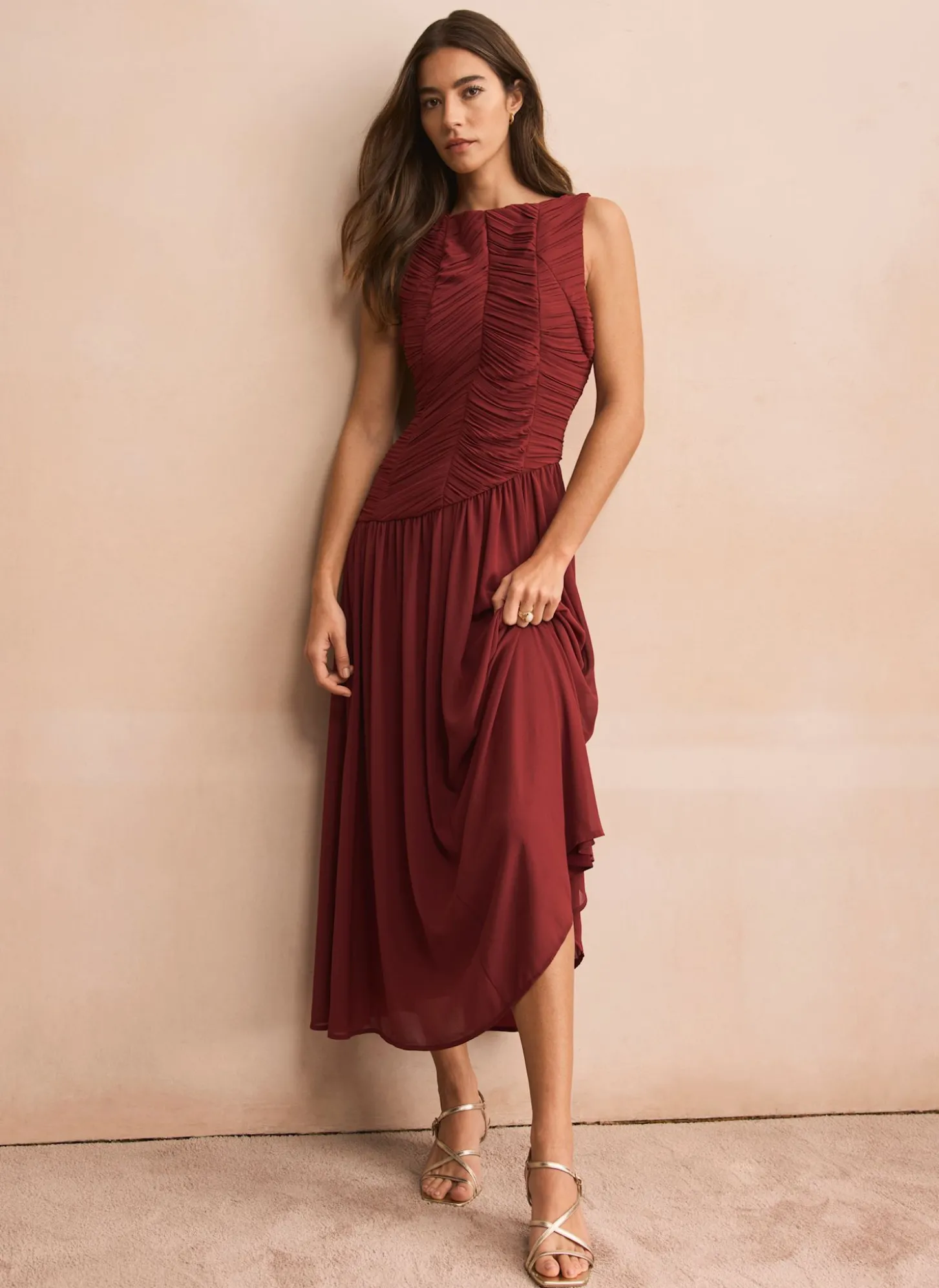 Burgundy Ruched Detail Maxi Dress