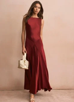 Burgundy Satin Panelled Maxi Dress