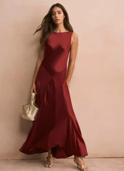 Burgundy Satin Panelled Maxi Dress
