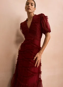 Burgundy Tulle Ruffle Maxi Dress