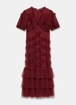 Burgundy Tulle Ruffle Maxi Dress