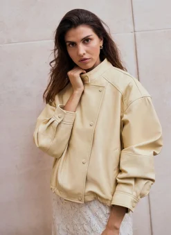Butter Yellow Leather Cropped Pilot Bomber Jacket