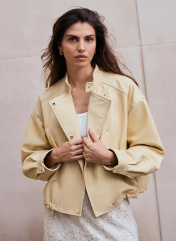 Butter Yellow Leather Cropped Pilot Bomber Jacket