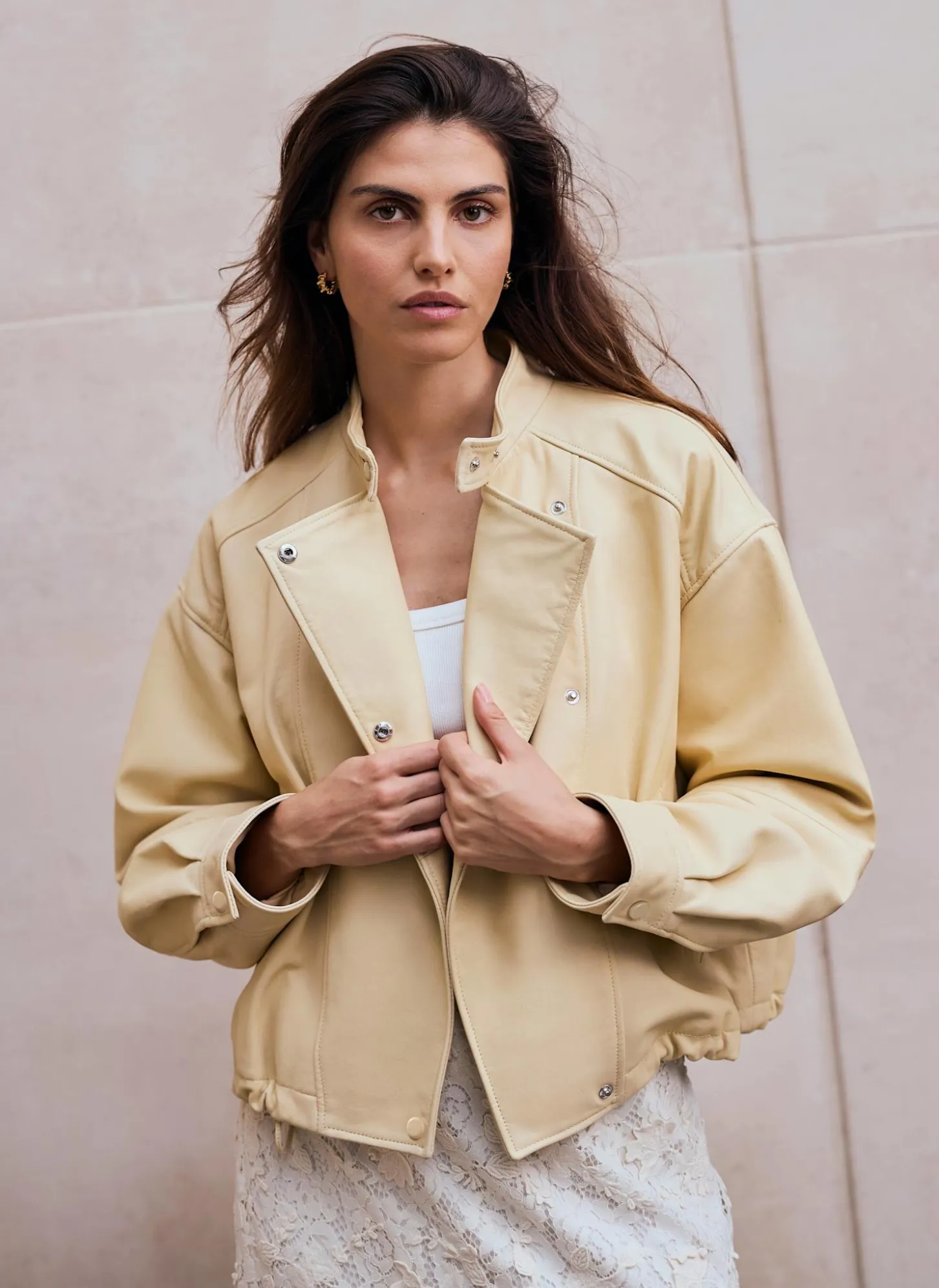 Butter Yellow Leather Cropped Pilot Bomber Jacket