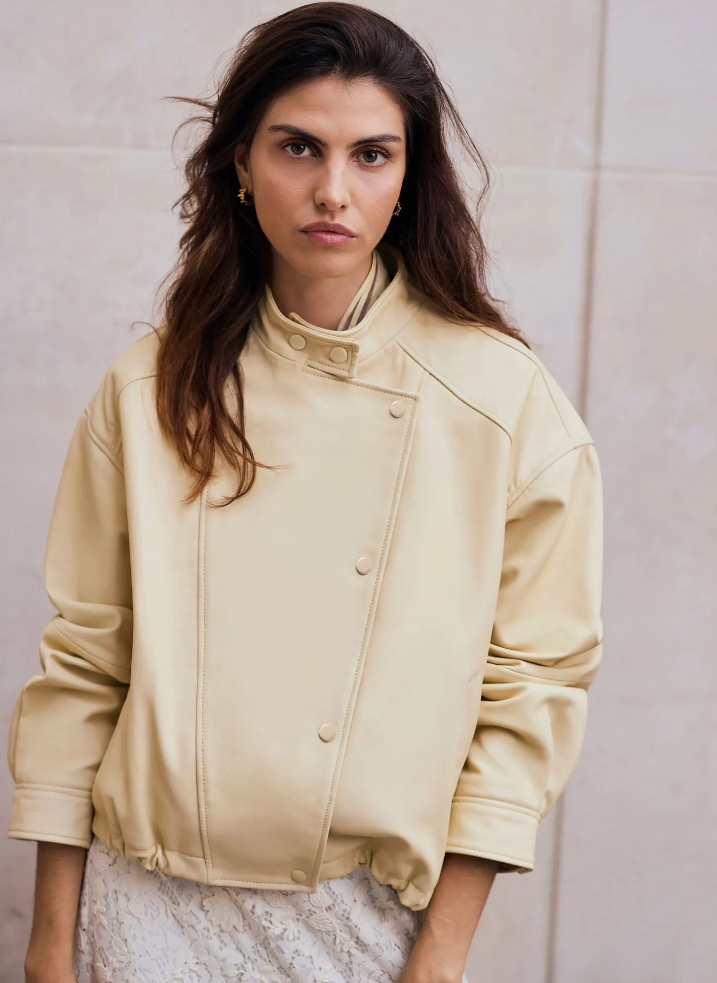 Butter Yellow Leather Cropped Pilot Bomber Jacket