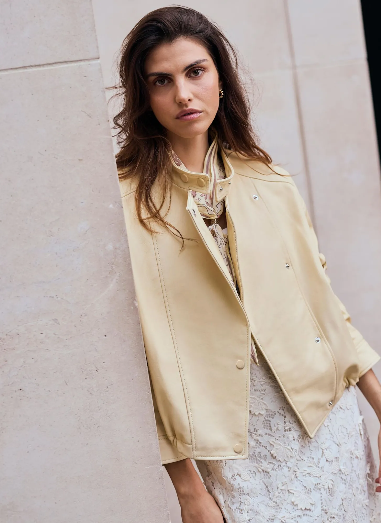 Butter Yellow Leather Cropped Pilot Bomber Jacket