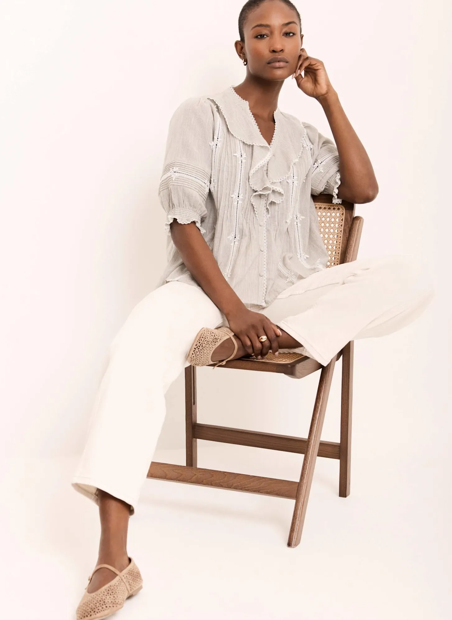 Cotton Stripe Ruffle Blouse