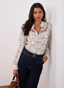 Cream Amour Print Bow Shirt