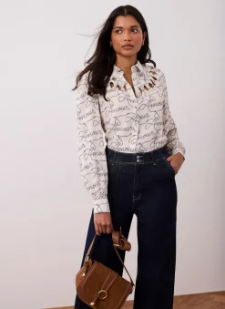 Cream Amour Print Bow Shirt