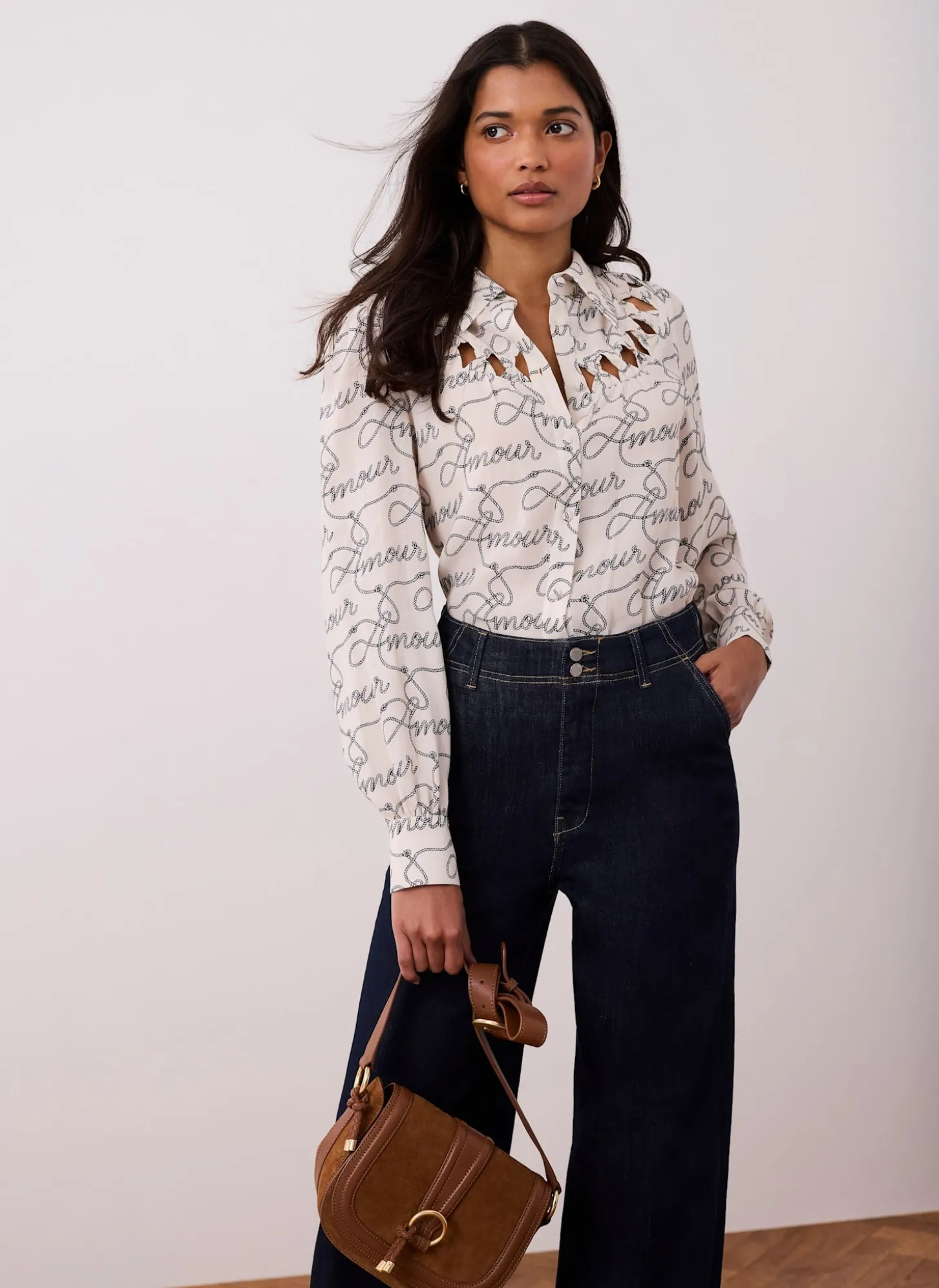 Cream Amour Print Bow Shirt