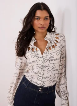 Cream Amour Print Bow Shirt