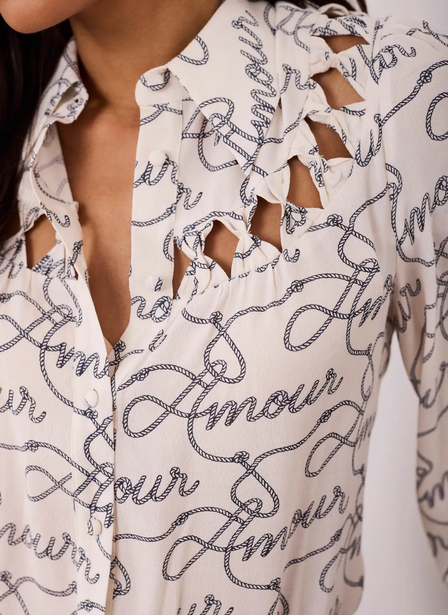 Cream Amour Print Bow Shirt