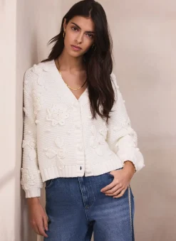 Cream Applique Flower Cardigan