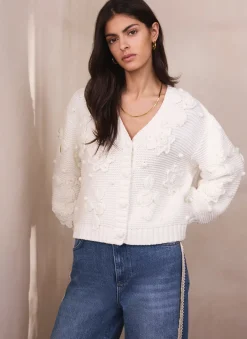 Cream Applique Flower Cardigan