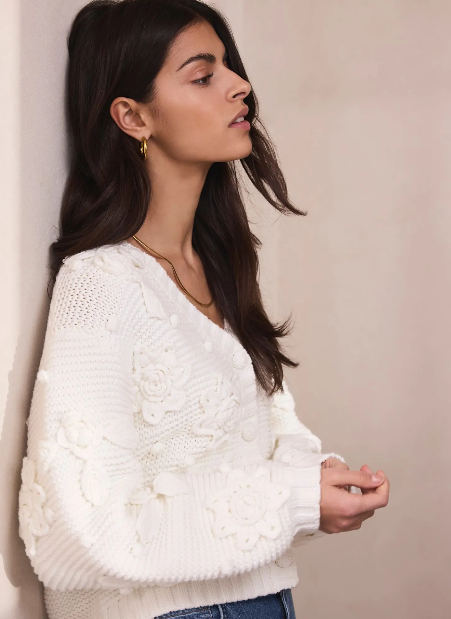 Cream Applique Flower Cardigan