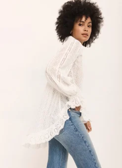 Cream Broderie Trim Longline Blouse