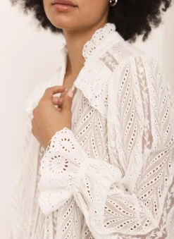 Cream Broderie Trim Longline Blouse