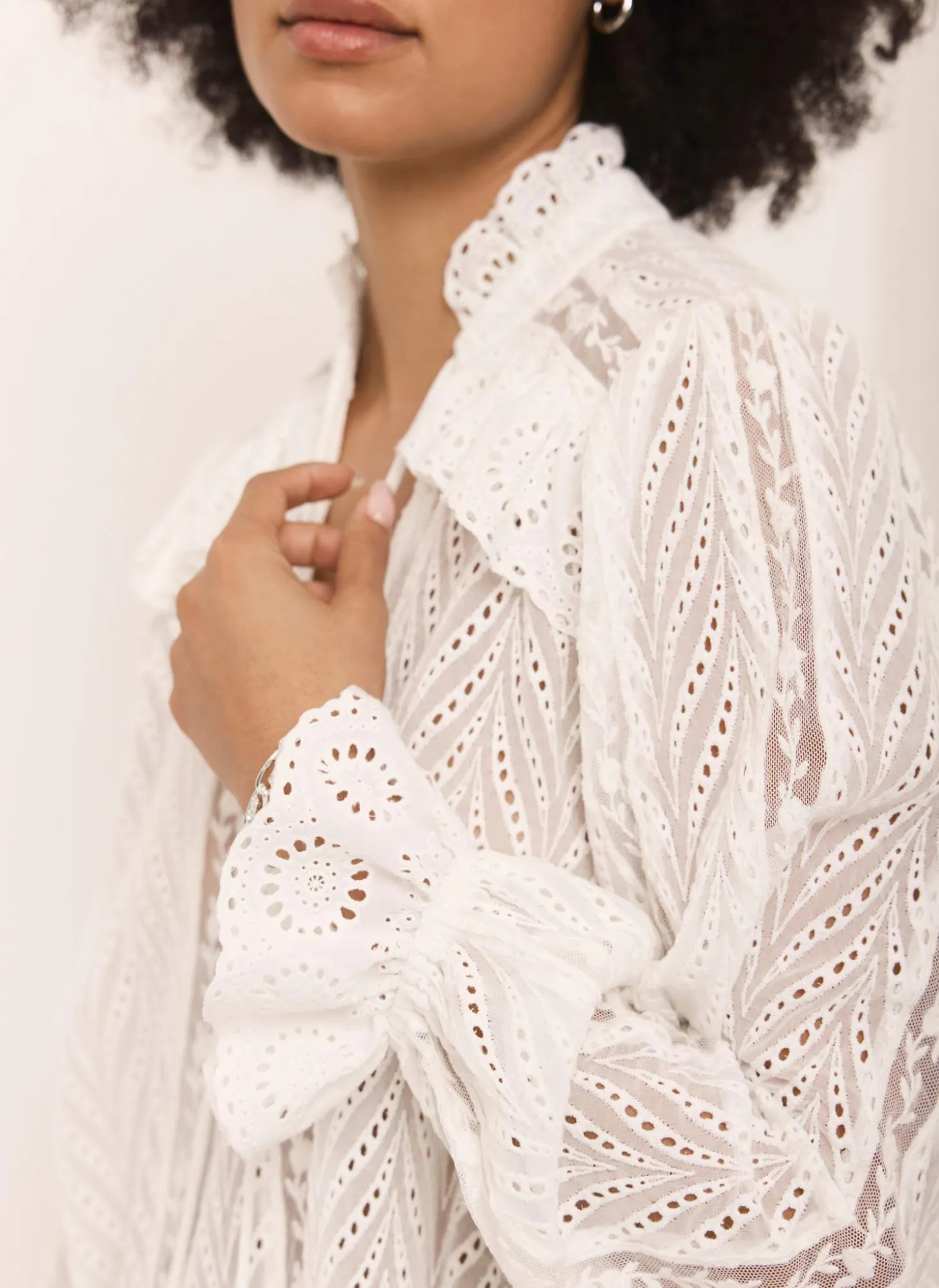 Cream Broderie Trim Longline Blouse