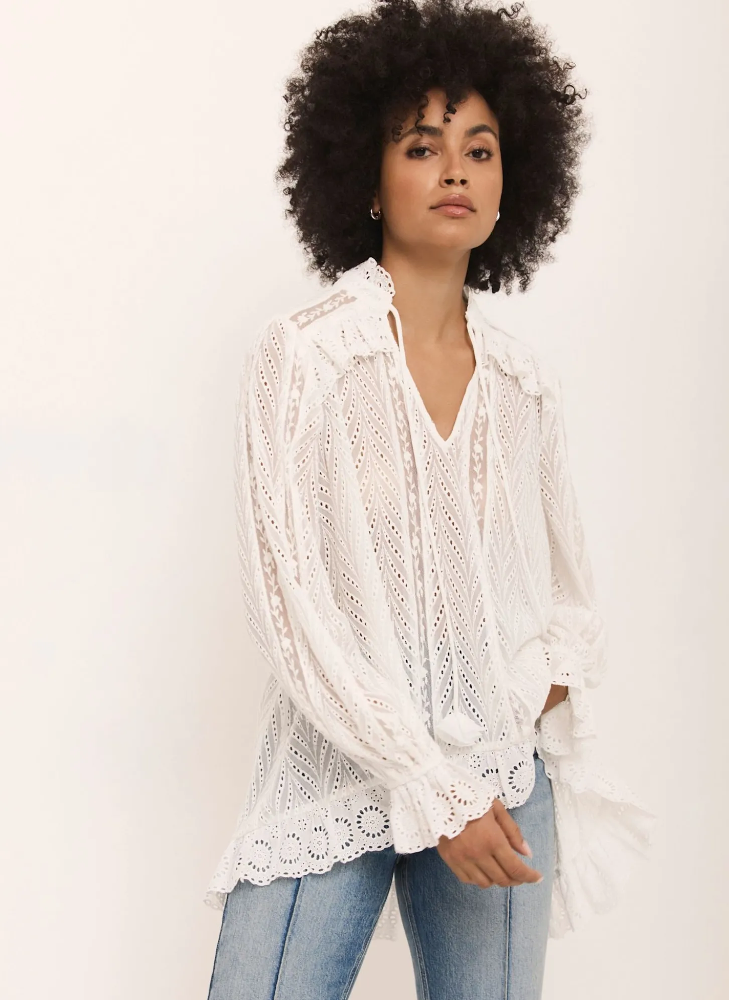 Cream Broderie Trim Longline Blouse