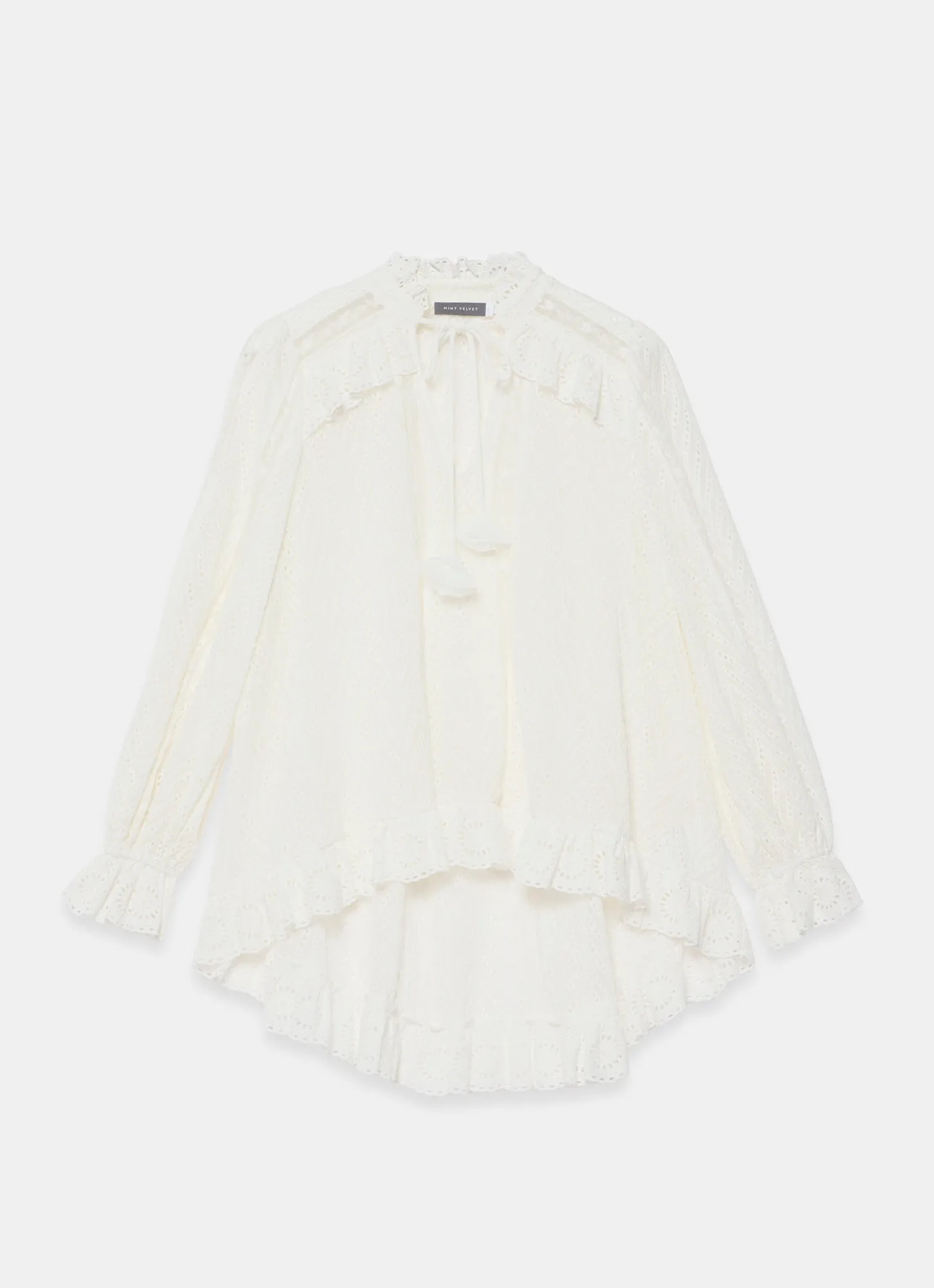 Cream Broderie Trim Longline Blouse