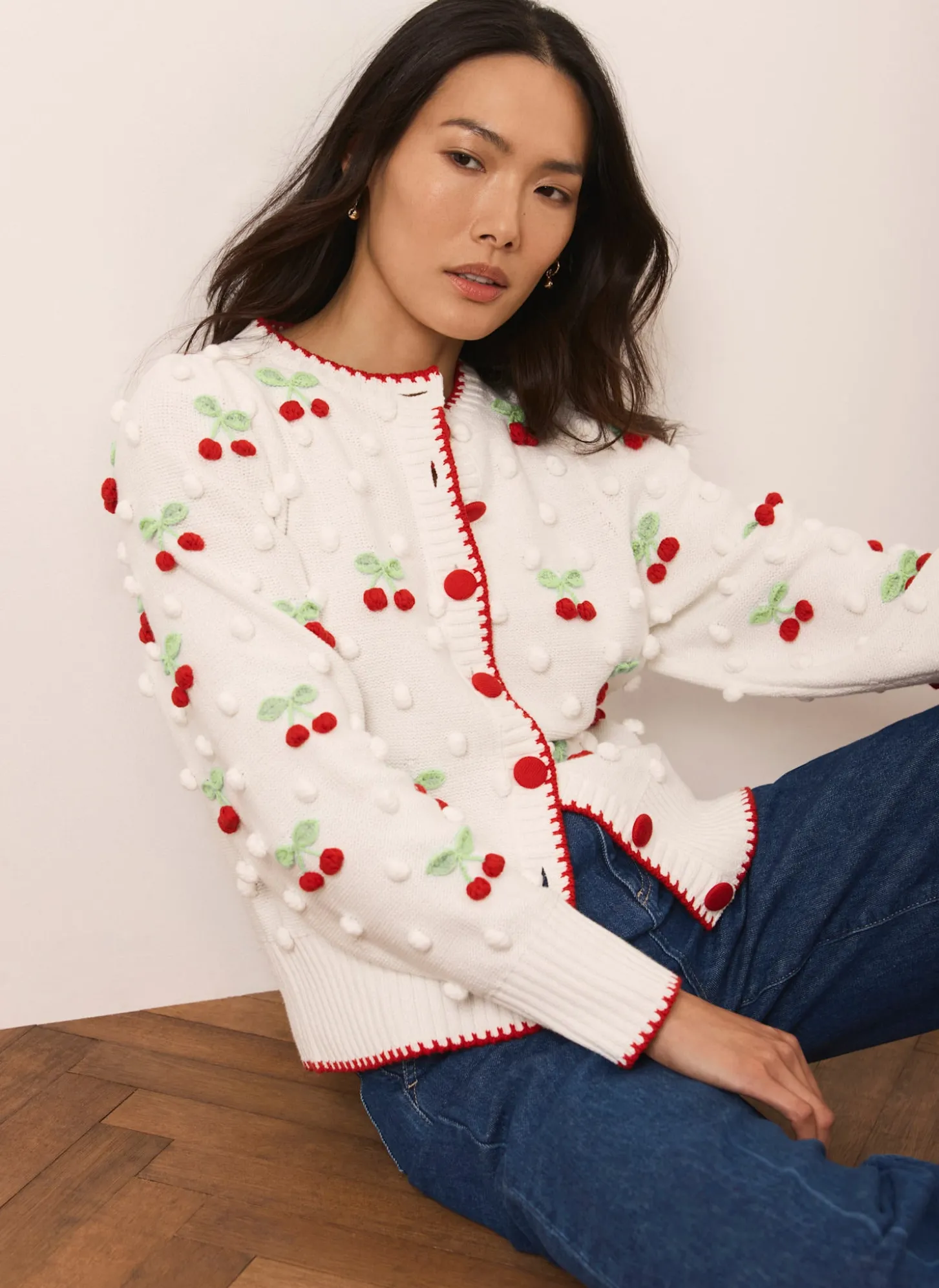 Cream Cherry Applique Knit Cardigan