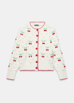 Cream Cherry Applique Knit Cardigan