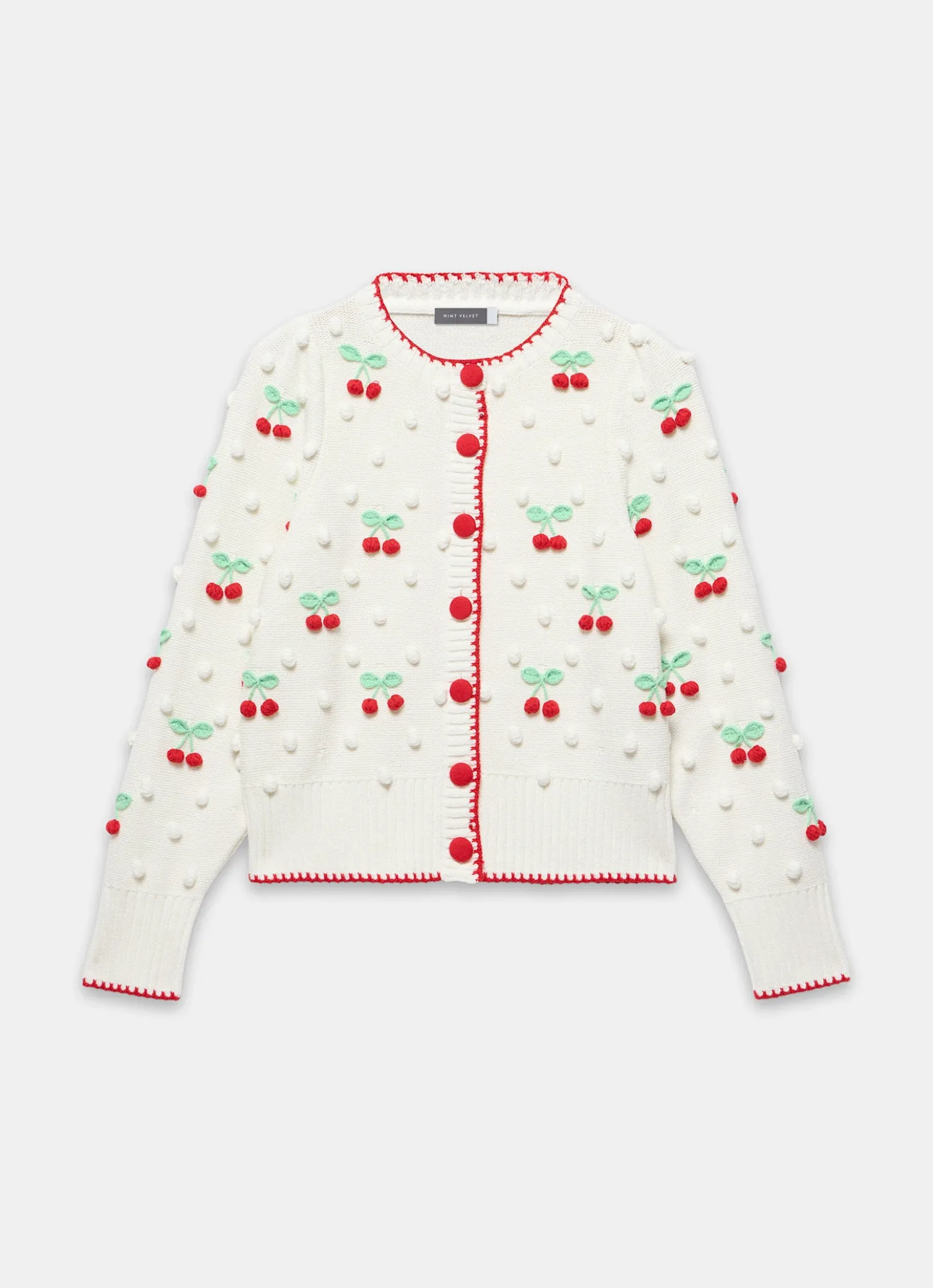 Cream Cherry Applique Knit Cardigan