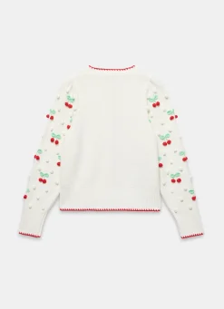 Cream Cherry Applique Knit Cardigan
