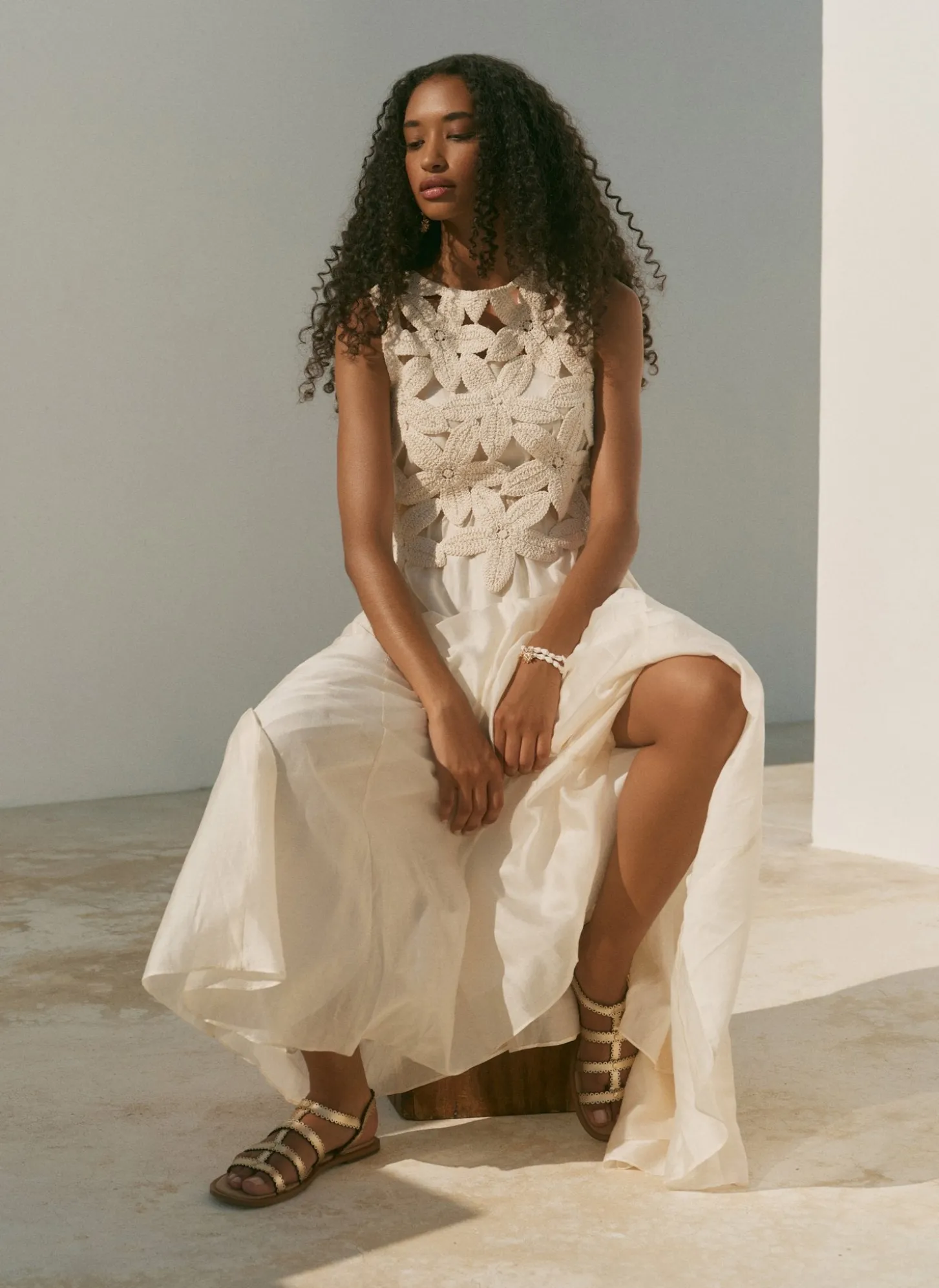 Cream Cotton Blend Crochet Maxi Dress