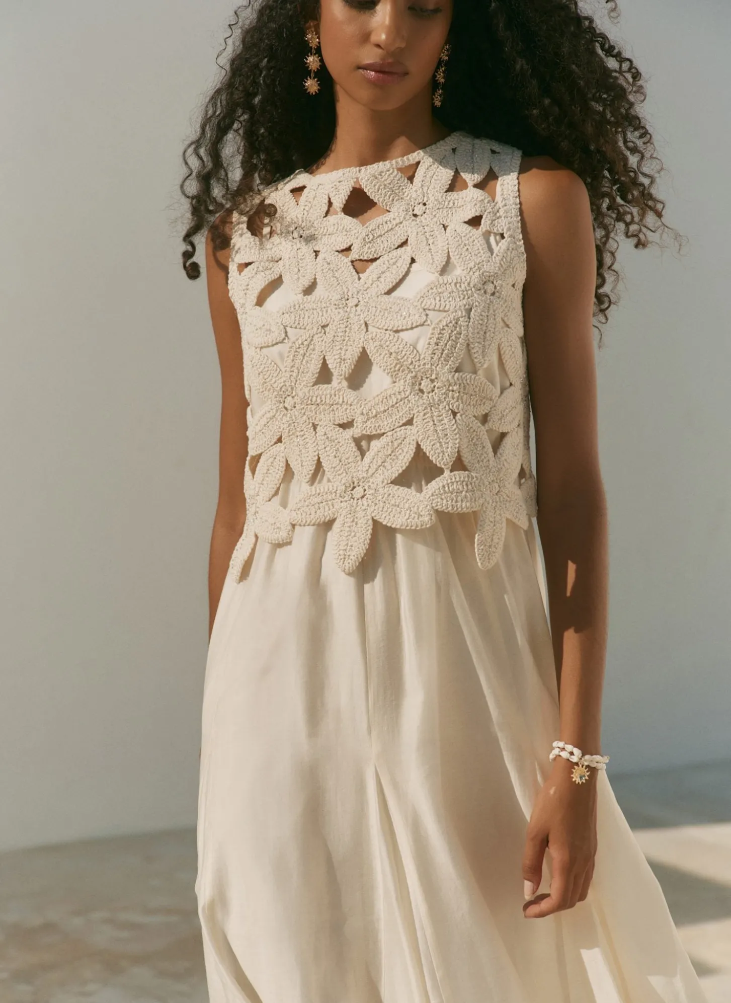 Cream Cotton Blend Crochet Maxi Dress