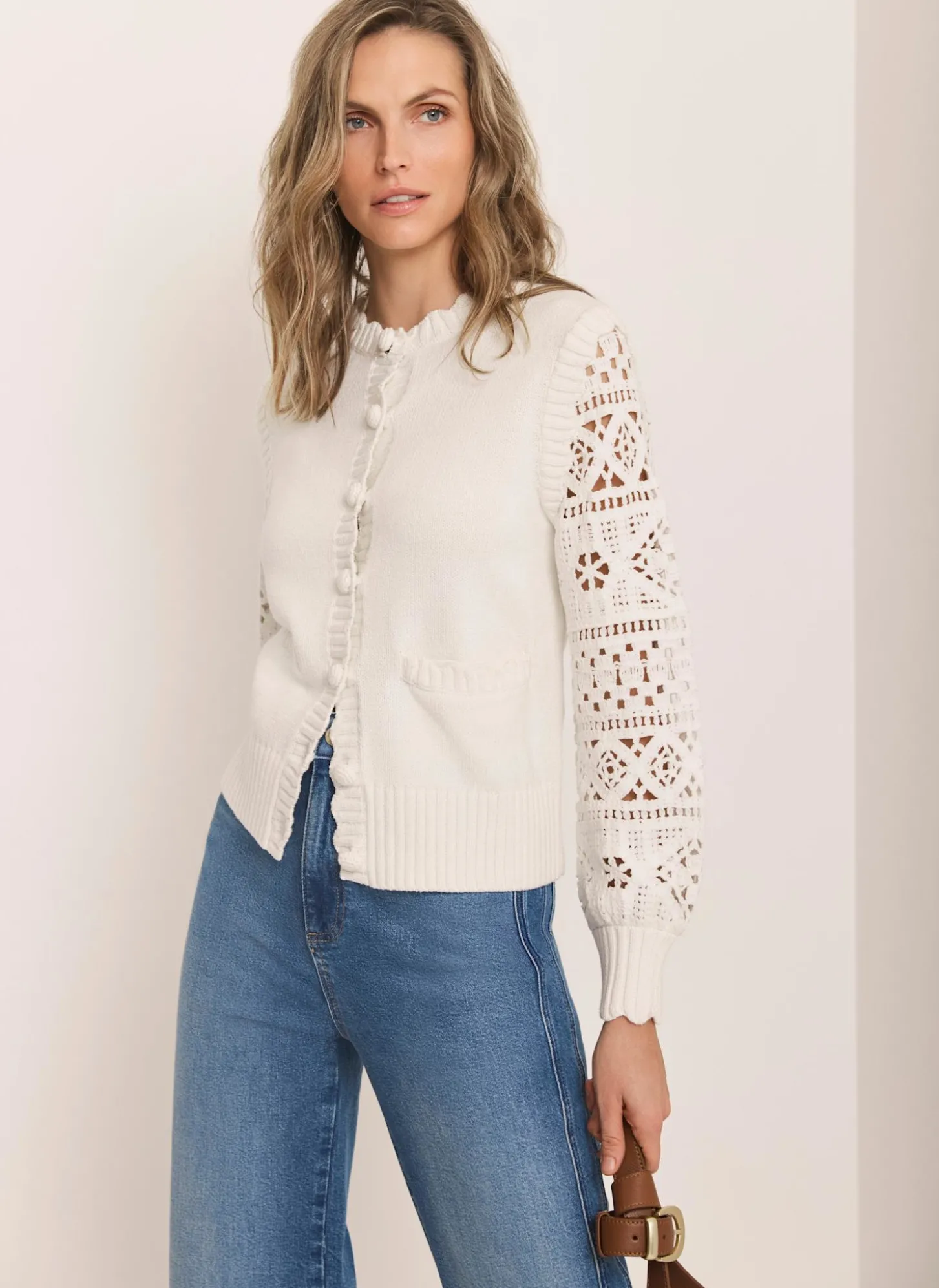Cream Cotton Blend Crochet Cardigan