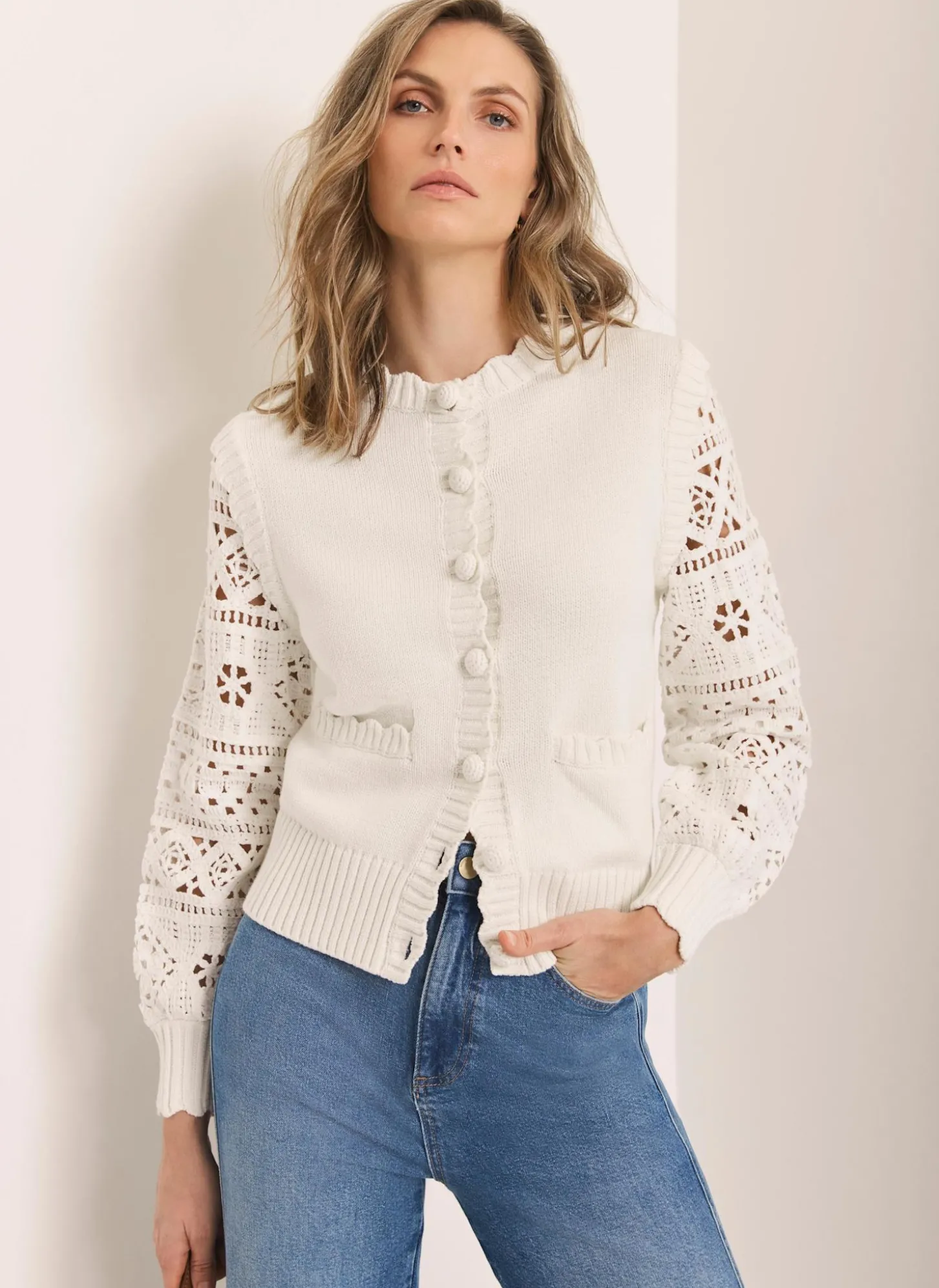 Cream Cotton Blend Crochet Cardigan