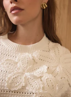 Cream Cotton Blend Floral Detail Jumper