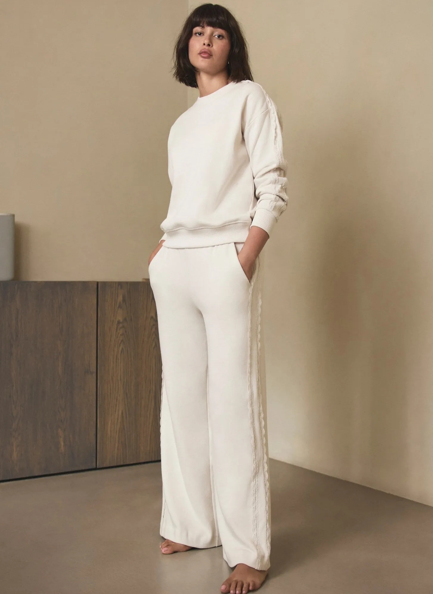 Cream Cotton Blend Lace Trim Sweatshirt