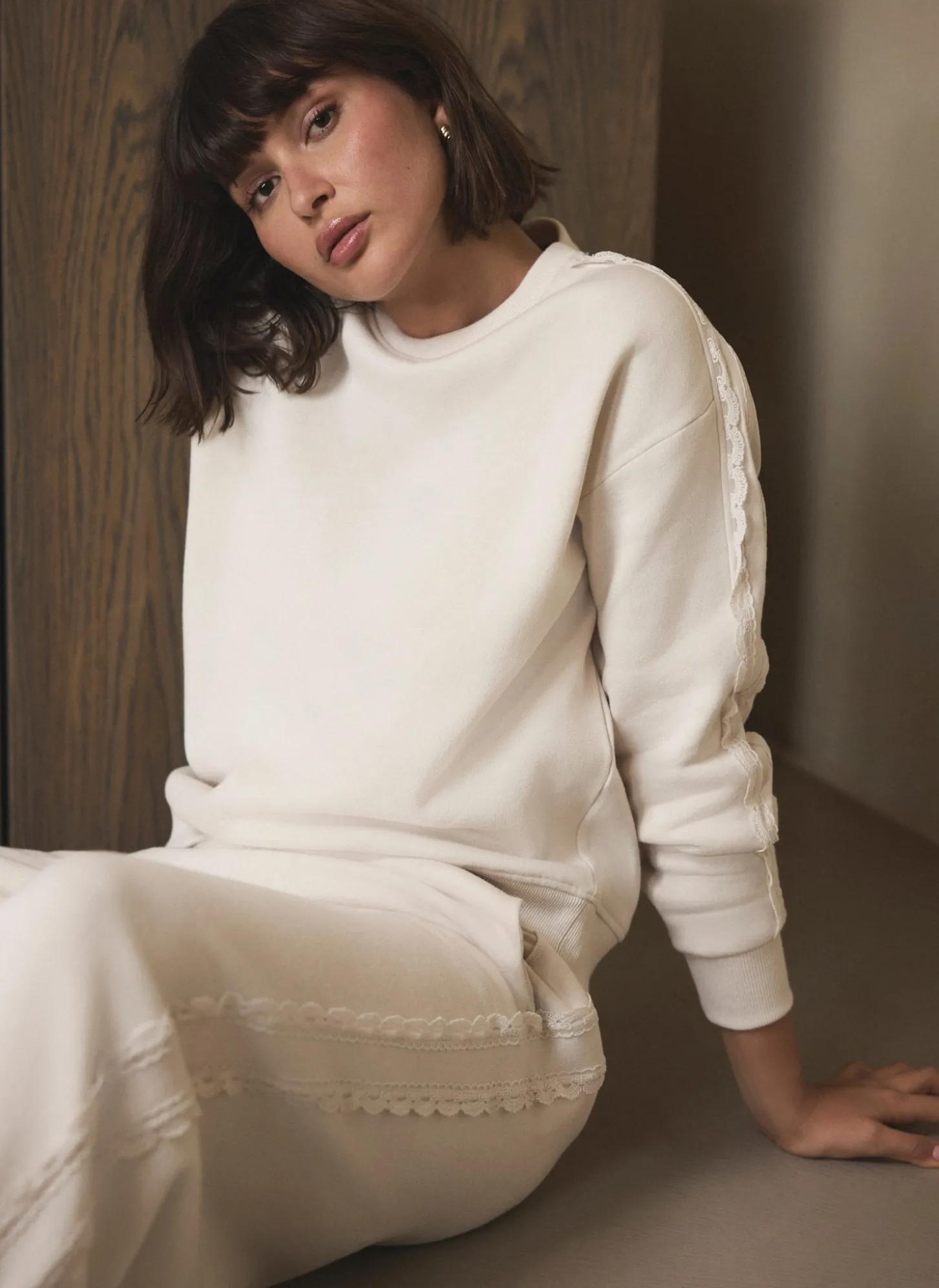 Cream Cotton Blend Lace Trim Sweatshirt