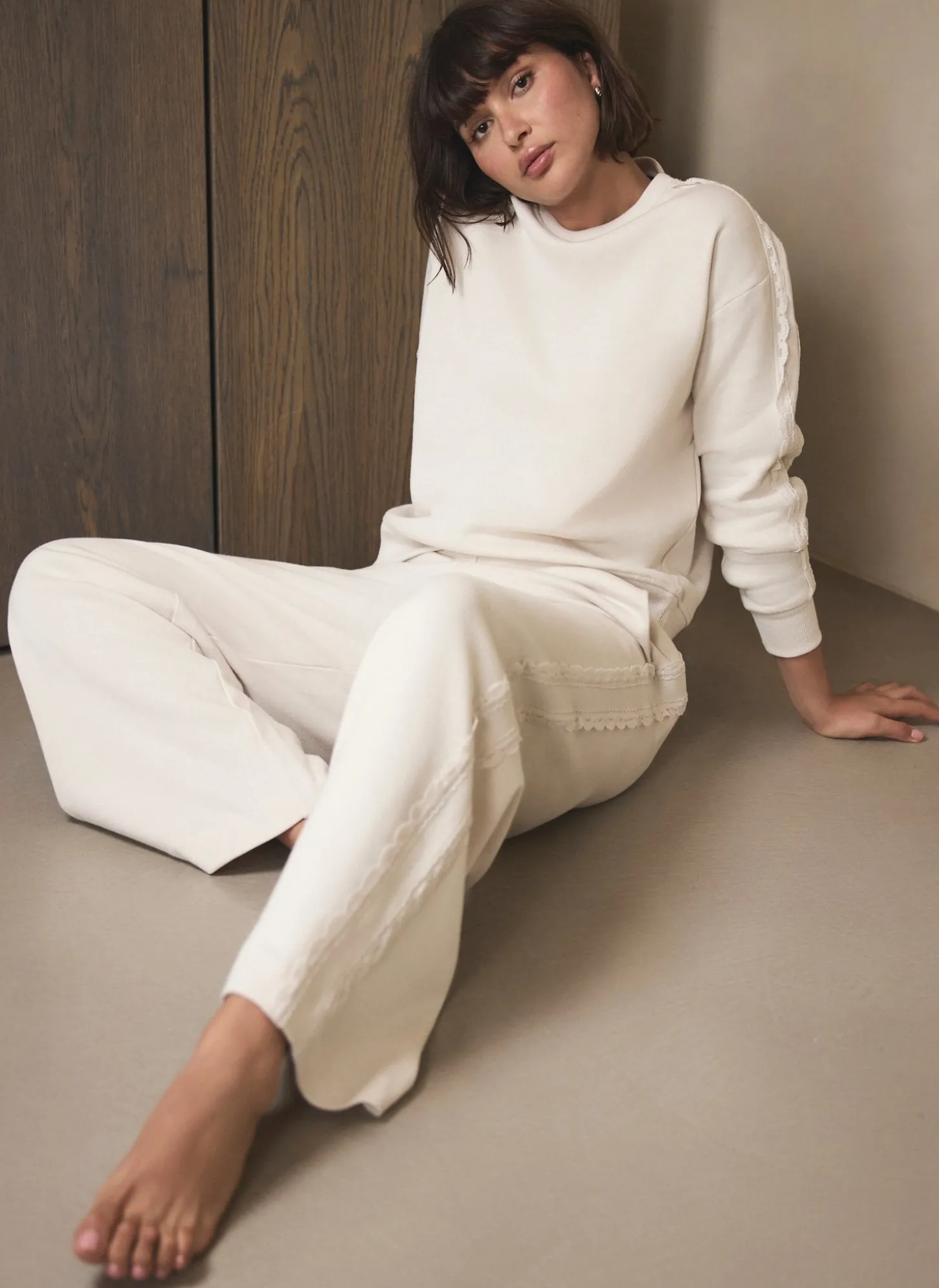 Cream Cotton Blend Lace Trim Joggers